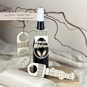 Laser file 3 bottle tags as SVG: Happy Easter, Greetings from the Easter Bunny and Small Easter Greeting for Wine & Sparkling Wine Bottles including Commercial License