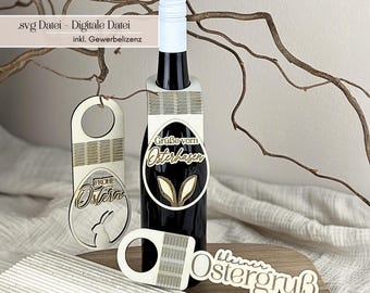 Laser file 3 bottle tags as SVG: Happy Easter, Greetings from the Easter Bunny and Small Easter Greeting for Wine & Sparkling Wine Bottles including Commercial License