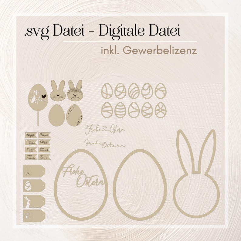 May include: A digital download of SVG files for crafting Easter decorations. The design includes bunnies, eggs, and the text "Frohe Ostern" (Happy Easter) in German.