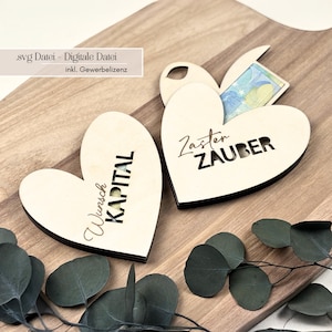 Fichier laser argent carte-cadeau coeur « Zaster Zauber » & « Wish Capital » (fichier SVG) – Conception créative découpée au laser 3D, licence commerciale incluse.