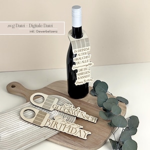 Laserbestand fles hanger Happy Birthday - SVG-bestand verjaardagscadeau voor wijn inclusief commerciële licentie Gefeliciteerd champagne hanger