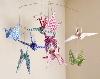 Origami Crane Baby Mobile in Patterned Rainbow Paper