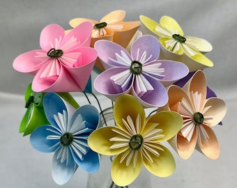Pastel Origami Flower Bouquet | Ombré Paper Blooms, 12 Flowers