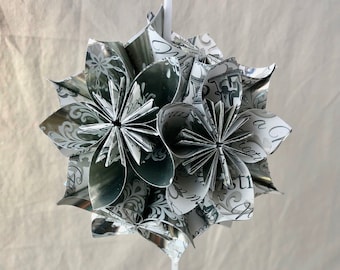 Christmas Tree Ornament in Silver and White Origami Paper Flower Decoration