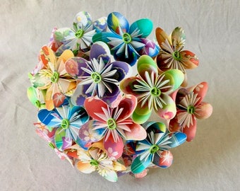 Bridal Bouquet with Origami Paper Flowers in Floral and Boutonniere Set