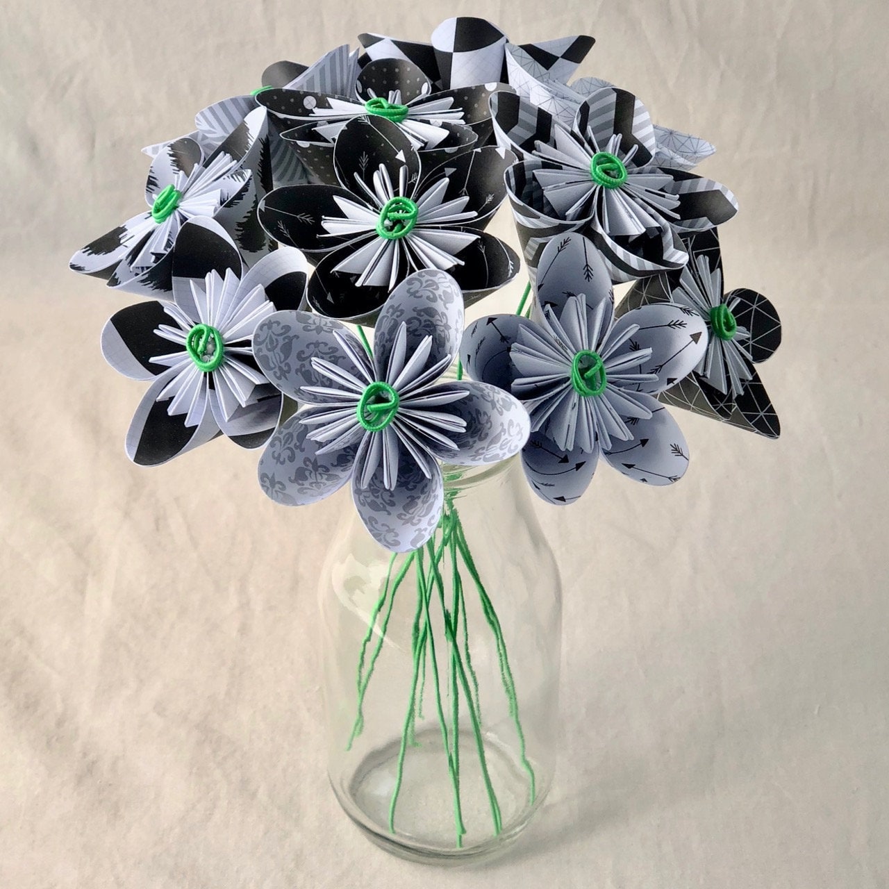 Paper Origami Flower Bouquet in Black and White