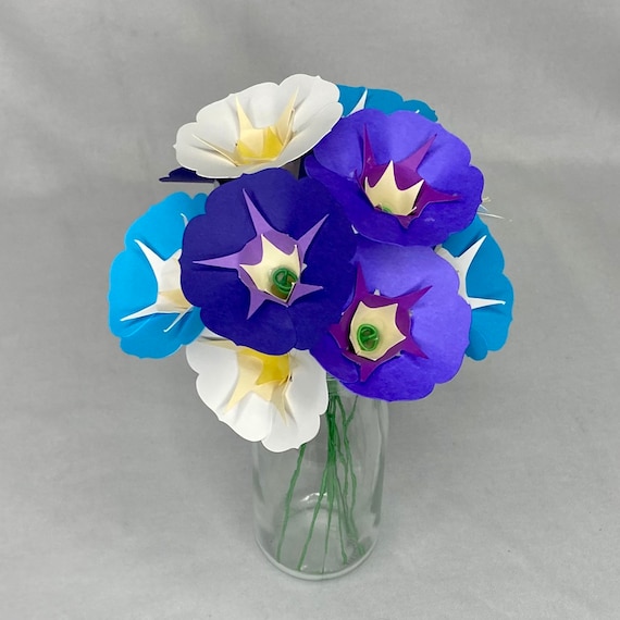 Handmade Morning Glory Paper Flowers | Blue Purple Bouquet, 1st Anniversary Gift