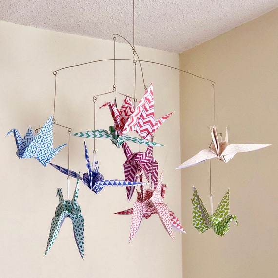 Origami Crane Baby Mobile In Patterned Rainbow Paper