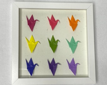 Rainbow Origami Crane Shadow Box Wall Art