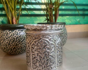 Vaso de prata alemã gravado à mão, com relevo floral, vaso decorativo antigo para plantas, presente de boas-vindas.