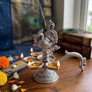 Vintage Silver Peacock Panch Aarti Diya, 5 Wick Brass Oil Lamp with Handle
