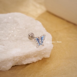 16G Internally Threaded Flat Back Stud/Dainty Butterfly Clear CZ Cartilage Stud/Helix/Conch/Tragus Earring Jewelry/Labret Piercing//Gifts