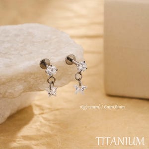 16G Titanium Flat Back Stud Earring/Dangle CZ Star Cartilage Earring/Helix/Conch/Tragus Stud/Earring Piercing/Earlobe Jewelry/Labret