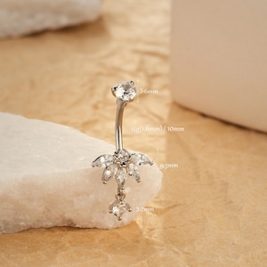 14G CZ Lotus Navel Ring/Dangle Belly Ring/Navel Piercing Jewelry/Curved Barbell/Belly Button Ring/Body JewelryNavel Barbell/Gifts for Her