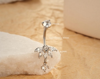 CM Crareesi Mania Lotus Buikstaafje 14G bungelende navelpiercing 316l chirurgisch staal navelpiercing sieraden bananabell body piercing sieraden heldere CZ navelring voor vrouwen 10 mm, 14G10MM