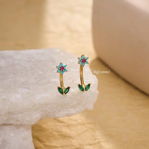 Turquoise Flower Rook Earring | Ruby CZ Curved Barbell | Eyrbrow Piercing | Lip Ring | Jewelry Gifts