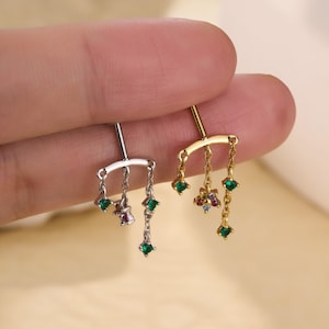 Colorful Flower Hidden Helix Earring | Chain Dangle Helix Piercing | Threadless Flat Back Stud | Cartilage Earring