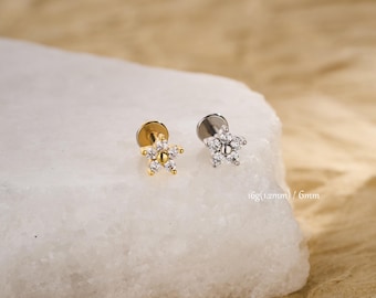 16G CZ Flower Earring Stud/Conch/Tragus/Cartilage Earring/Helix Piercing/Flat Back Stud Earrings/Earlobe/Internally Threaded/Gold/Silver