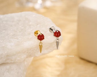 16G Red Agate Cartilage Earring, Surgical Steel Stud Earring, Helix Piercing, Conch Jewelry