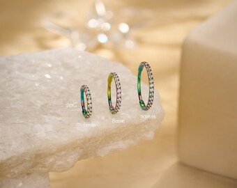 20G Nose Ring with Paved CZ | Rainbow Cartilage Earring | 316L Stainless Steel Hoop Earring | Nose Jewelry | Gifts