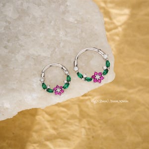 16G Ruby Flower Septum Ring | CZ Daith Earring | Danity Septum Jewelry | Hinged Clicker Hoop | Gifts
