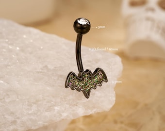 14G Bat Belly Button Piercing/Glitter Design Navel Ring/Navel Piercing Jewelry/Navel Barbell/Belly Ring/Halloween Body Jewelry/Black/Gifts