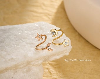 16G Sprial Cartilage Earring | CZ Moon Star Helix Piercing | S Shape Conch Jewelry | Gold | Rose Gold