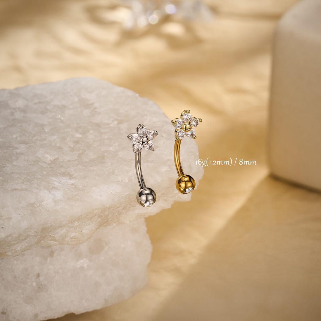 16G Flower Rook Piercing • CZ Eyebrow Ring • Curved Barbell • Rook ...