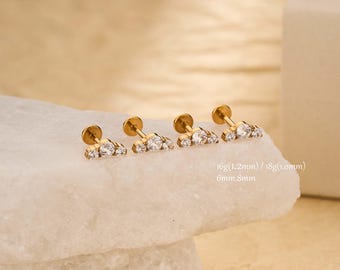 Brinco de cartilagem com zircônia cúbica 16G/18G / Piercing de hélice / Pino de pressão sem rosca com base plana / Brinco de concha / Brinco de tragus / Piercing de lóbulo da orelha / Brinco labret