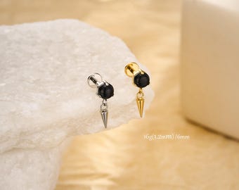 16G Obsidian Flat Back Earring Stud in Surgical Steel, Helix Earring, Cartilage Piercing, Conch Stud, Jewelry Gifts