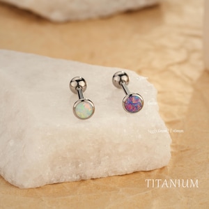 Peut inclure: Deux clous d'oreille en titane avec des pierres précieuses opalescentes. L'un a une pierre blanche et vert clair, l'autre une pierre rose et violette. Les clous sont sur une surface blanche. Le mot "TITANIUM" est en bas.