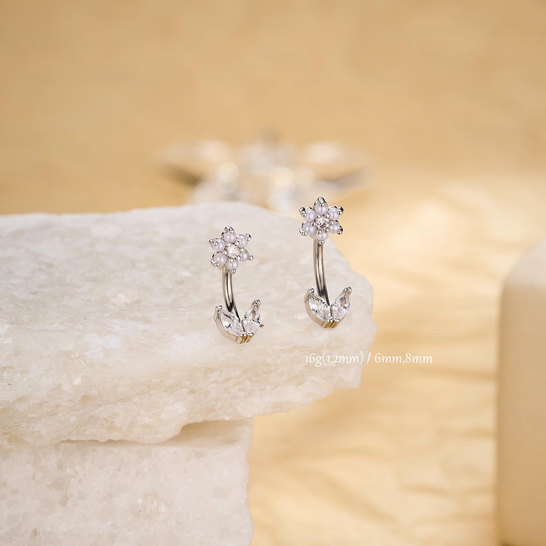 16G Pearl Flower Rook Piercing | CZ Rook Earring | Curved Barbell ...