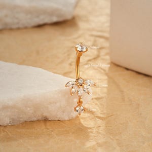 14G Lotus with Dangle CZ Belly Button Ring/Surgical Steel Navel Ring/Navel PiercingBarbell/Curved Barbell/Body Jewelry/Belly Piercing/Gifts
