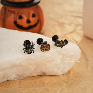 16G Halloween Flat Back Stud/Labret Stud with Glitter/Cartilage/Helix/Conch Stud/Pumpkin/Spider/Bat Earring Stud/Lobe/Lip Piercing/1Pcs/Gift