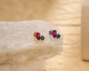 16G Teardrop Flat Back Stud Earring/Green/Ruby CZ Cartilage Earring/Helix Piercing/Conch/Tragus Piercing/Flower Back/Labret/Silver/Gold