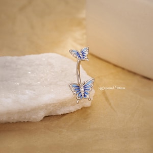 14G Belly Button Ring/Blue Butterfly Belly Button Jewelry/Dainty Navel Jewelry/Navel Ring/ Navel Barbell/Curved Barbell/CZ Belly Piercing