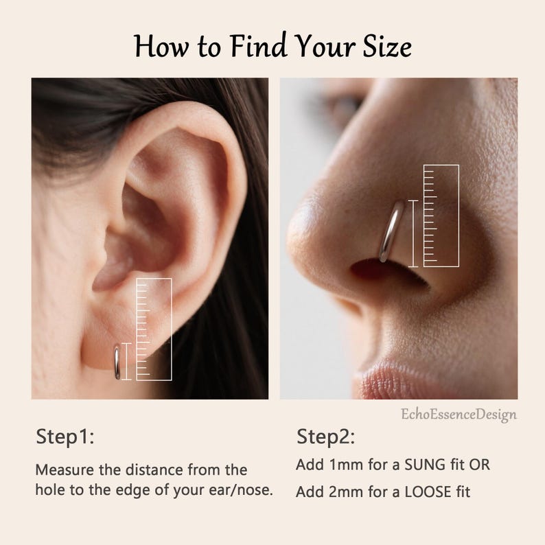 May include: Image showing instructions on how to measure for earrings and nose rings. The text reads "How to Find Your Size." Step 1: Measure the distance from the hole to the edge of your ear/nose. Step 2: Add 1mm for a SUNG fit OR Add 2mm for a LOOSE fit.