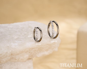 16G チタン ダブルフープ セプタムリング、パヴェ CZ 軟骨イヤリングフープ、セプタムジュエリー、ヒンジ付きクリッカー