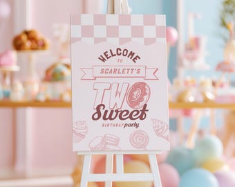 Two Sweet Birthday Welcome Sign, Girl Theme, 2nd Candy Party Celebration, Printable Template, Instant Download - SW002