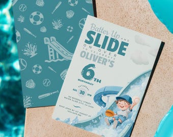 Water Slide Baseball Birthday Party Invite, Editable Template Digital Download for Kids Celebration - WB001