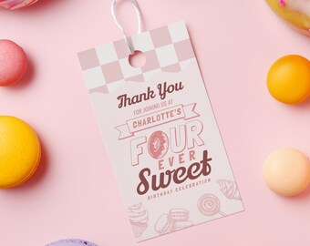 Four Ever Sweet Birthday Favor Tags, Donut Girl Theme, 4th Candy Party Celebration, Editable Printable Template, Instant Download - SW004