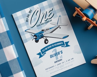 Airplane Gingham Boy 1st Birthday Invitation, Plane Theme, Editable Template, Instant Download - PL003