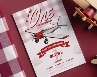 Airplane Gingham Boy 1st Birthday Invitation, Red Plane Theme, Editable Template, Instant Download - PL003R