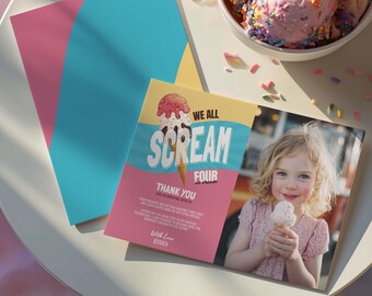 We All Scream Four Ice Cream Birthday Thank You Cards, 4th Celebration, Editable Template, Instant Digital Download - IC001