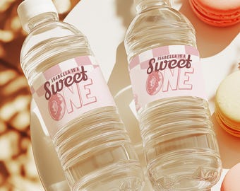 Sweet One Birthday Water Bottle Labels, 1st Candy Theme Celebration, Girl Donut Party, Editable Printable Template, Instant Download - SW001