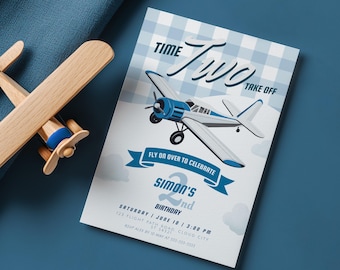 Time Two Take Off Airplane 2nd Birthday Invitation, Plane Theme, Editable Template, Instant Download - PL002
