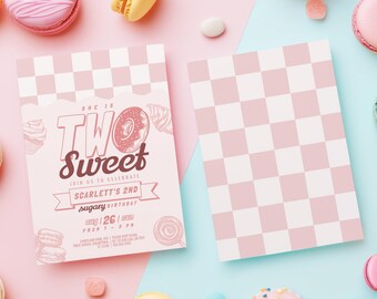 Donut Birthday Invitation for Girl 2nd Birthday Party Dessert Theme Invite Editable Template Candy Two Sweet Theme Digital Download SW002