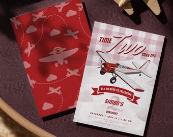 Time Two Take Off Airplane 2nd Birthday Invitation, Red Plane Theme, Editable Template, Instant Digital Download - PL002R