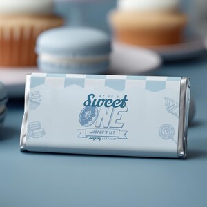 Sweet Theme 1st Birthday Chocolate Wrapper, Donut Candy Bar Label, Retro Checkered Blue, Editable Template for Boy, Sweet One, SW001B