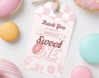 Donut 1st Birthday Favor Tags, Sweet Theme, Retro Checkered Pink, Sweet One, Editable Template for Girls, Instant Download, SW001